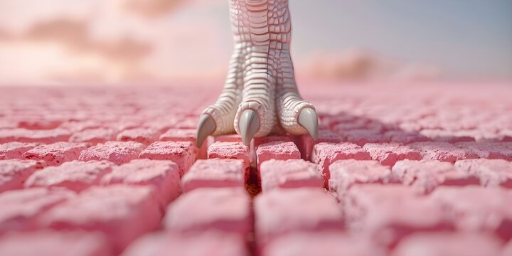 Photorealistic depiction of a dinosaur's foot crushing pink brick scales in detail. Concept Dinosaur Art, Textured Footprint, Pink Bricks, Detailed Scales, Photorealism