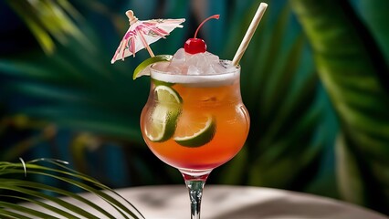 Wall Mural - Alcoholic cocktail with limes and a cherry