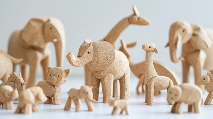 Wall Mural - Minimalist Cork Toy Animals in Earth Tones Captured in Close-up with Natural Light Illumination
