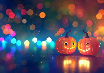 This image showcases two cute Jack-O'-Lanterns with glowing expressions amidst a vibrant bokeh backdrop, embodying the festive spirit of Halloween.