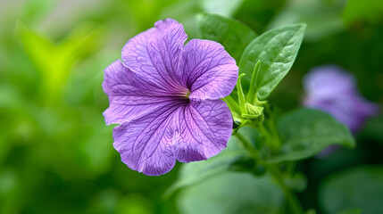 Poster - Purple mexican petunia beautiful blooming flower green leaf background High quality photo : Generative AI