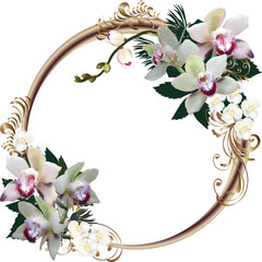 Sticker - brown circle frame decorated by orchid flowers isolated on white