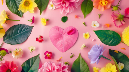 Wall Mural - Creative layout with colorful flowers leaves and heart shape Anniversary conceptFlat lay : Generative AI