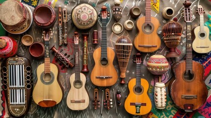 A variety of traditional musical instruments from different cultures laid out for a Friendship Day celebration, set against a festive backdrop.