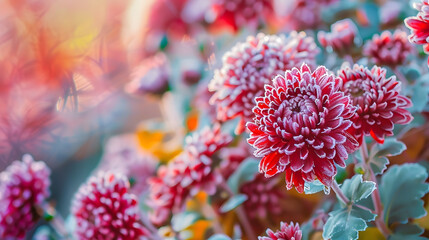 Aufkleber - First autumn frost Bush with burgundy blooming chrysanthemum covered with white frost Morning frost green frozen plant leaves Onset of winter nature falls asleep Blurred background ima : Generative AI