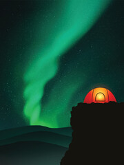 Sticker - orange tent on cliff. camping in mountains at night. green polar lights