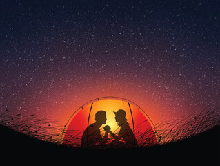Poster - loving couple in orange tent. camping at night. romantic starry sky
