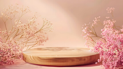 Poster - Empty round wooden podium for product presentation pink gypsophila flowers on beige background Natural materials background for cosmetic advertising with cylinder shape showcase Mockup : Generative AI