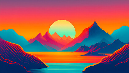 A beautiful vibrant sunset over a mountain range with a large sun in the sky