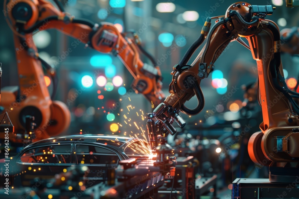 Automated robotic arms welding car parts on assembly line in ai ...
