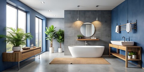 Modern minimalist bathroom interior, modern bathroom cabinet, white sink, wooden vanity, interior plants, bathroom accessories, bathtub and shower, white and blue walls, concrete floor.