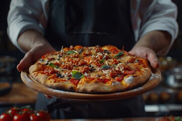 Male chef with hot pizza in restaurant