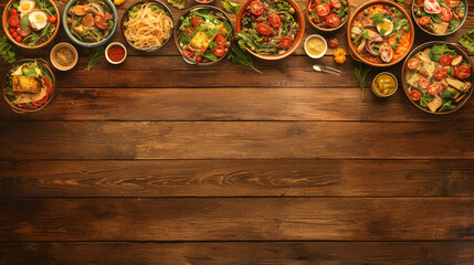 Wall Mural - Various dishes on wooden tabletop