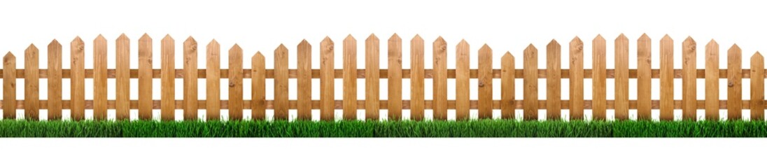 Wall Mural - Wooden fence and green grass isolated on white, banner design