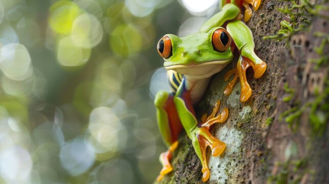 A bright green frog with orange feet and large eyes clinging to a tree trunk, set against a bokeh background, showcases the exquisite detail and color of the rainforest.