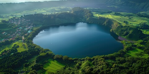 Wall Mural - Aerial View of a Crater Lake Surrounded by Lush Greenery