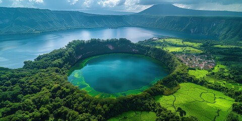 Wall Mural - Aerial View of a Crater Lake in a Lush Green Valley