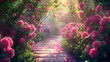© Generative AI - Fantasy pink Roses Flowers bloom and Road leads forward in Fabulous mystical Paradise Garden mysterious Fairy Tale Summer floral Background with glowing sun Rays amazing Heaven Nature  : Generative AI