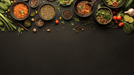 Wall Mural - Spices, herbs, and vegetables on black background