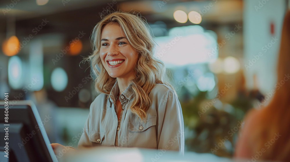 Beautiful female receptionist at desk . Friendly female receptionist ...