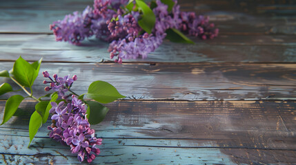 Poster - The beautiful lilac on a wooden background : Generative AI
