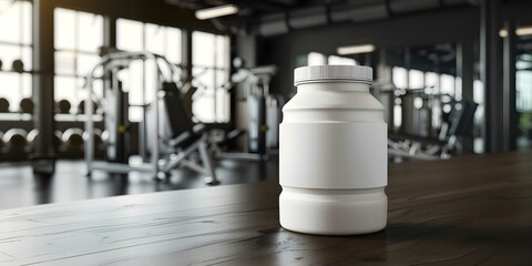 Creatine monohydrate jar mockup in gym setting for sports nutrition product. Concept Sports Nutrition Product, Gym Setting, Creatine Monohydrate, Jar Mockup, Fitness Supplement