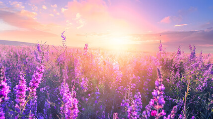 Canvas Print - beautiful panorama rural landscape with sunrise  and  blossoming meadow purple flowers flowering on spring field wild flowers blooming on sunset summer panoramic view : Generative AI