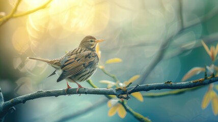 Wall Mural - Sparrow on branch with sun shining through leaves