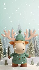 Poster - Cute Cartoon Moose in the Falling Snow. Digital Holiday Christmas Greeting Card Background Loop