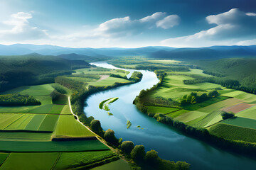 Wall Mural - Lush green fields unfurl across the landscape in this aerial view. A winding river snakes through the vibrant farmland, creating a scene of rural beauty and productivity.