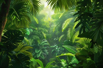 Poster - A vibrant and lush tropical rainforest with dense vegetation and a hazy atmosphere. Generative AI