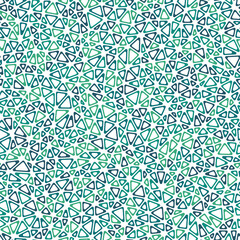 Mosaic triangles shapes background. Tiny triangles size. Multiple colors style. Rounded triangular cells outlined. Repeatable pattern. Aqua Ocean Depths. Elegant vector tiles.