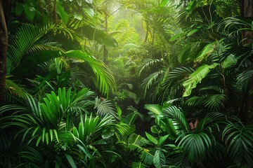 Aufkleber - A dense, vibrant tropical rainforest teeming with life, bathed in the soft light of dawn. Perfect for eco-tourism and nature reserves. Generative AI