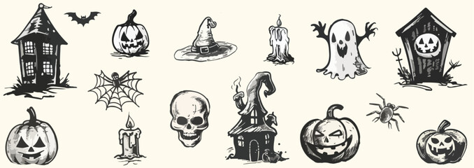 Wall Mural - Collection icons silhouettes of Halloween characters with retro photocopy stipple effect, for grunge punk y2k collage design.  Festive pumpkins with grinning face, headstone, ghost, bat