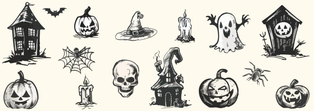 Collection icons silhouettes of Halloween characters with retro photocopy stipple effect, for grunge punk y2k collage design.  Festive pumpkins with grinning face, headstone, ghost, bat