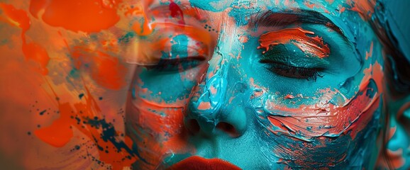 Close-up of a woman's face with eyes closed, covered in artistic and vibrant blue and orange face paint, creating a striking visual effect.