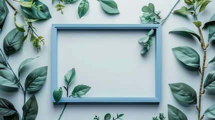 Poster - Blue frame with greenery on white background