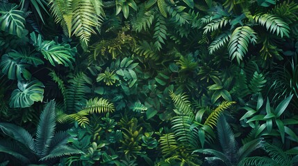 A vibrant close-up of a dense tropical rainforest canopy, featuring various plant species and textures. Generative AI