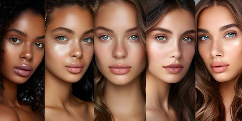 Wall Mural - Diverse group of beautiful women with natural glowing skin showcasing fashion and skincare. Concept Fashion & Beauty Photography, Natural Beauty, Glowing Skin, Diverse Women, Skincare Products