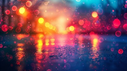 Colorful bokeh lights reflecting on wet pavement