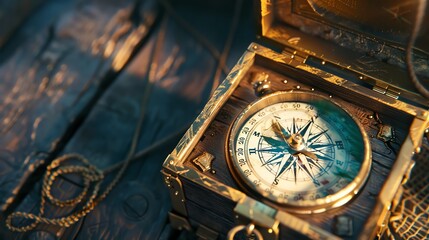 An old compass sits on a wooden table. The compass is made of brass and has a beautiful patina. The table is made of dark wood and has a rich grain.