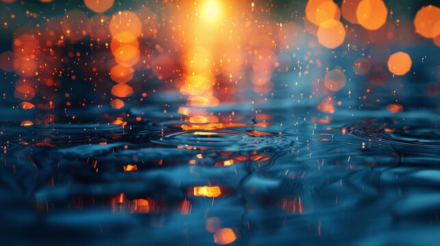 Water ripples reflecting bokeh lights at night