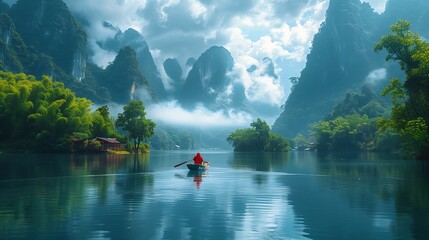 man red shirt rowing boat river gorgeous cyan dreamland chinese amazing inspiring enigmatic natural beauty scenery hot humid tranquility idyllic