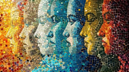 Wall Mural - Simplified faces in an abstract mosaic, forming a larger image that symbolizes unity in diversity.