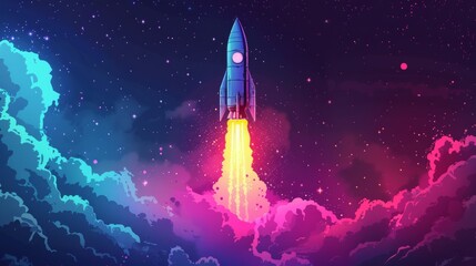 Poster - Cartoon space rocket launching through gradient clouds