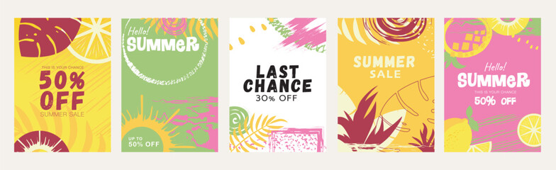 Aufkleber - Summer sale cover brochure set in trendy flat design. Summertime banner templates with decorative palm tree leaves, simple lemon and pineapple, blots, shopping promotion offers. Vector illustration.