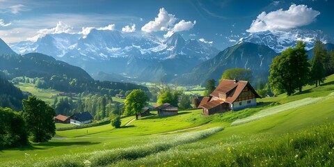 Swiss Alps display stunning beauty with snowcapped peaks green meadows and villages. Concept Swiss Alps, Snowcapped Peaks, Green Meadows, Alpine Villages, Stunning Landscapes