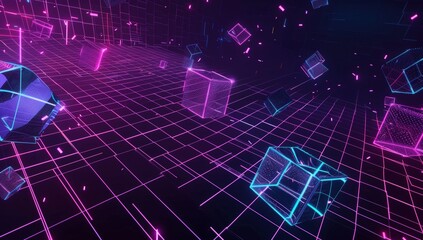 Fototapete - A dark background with neon grid lines and floating geometric shapes, creating an immersive virtual space for a VR video game interface.