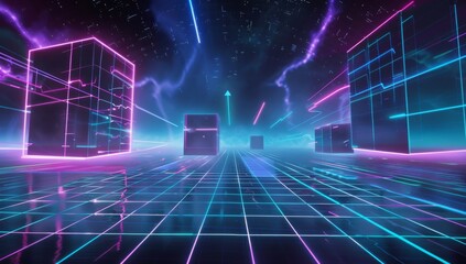 Fototapete - A dark background with neon grid lines and floating geometric shapes, creating an immersive virtual space for a VR video game interface.