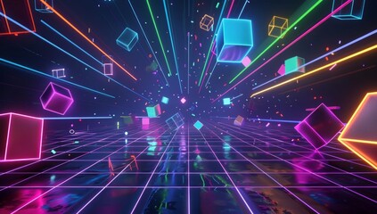 Wall Mural - A dark background with neon grid lines and floating geometric shapes, creating an immersive virtual space for a VR video game interface.